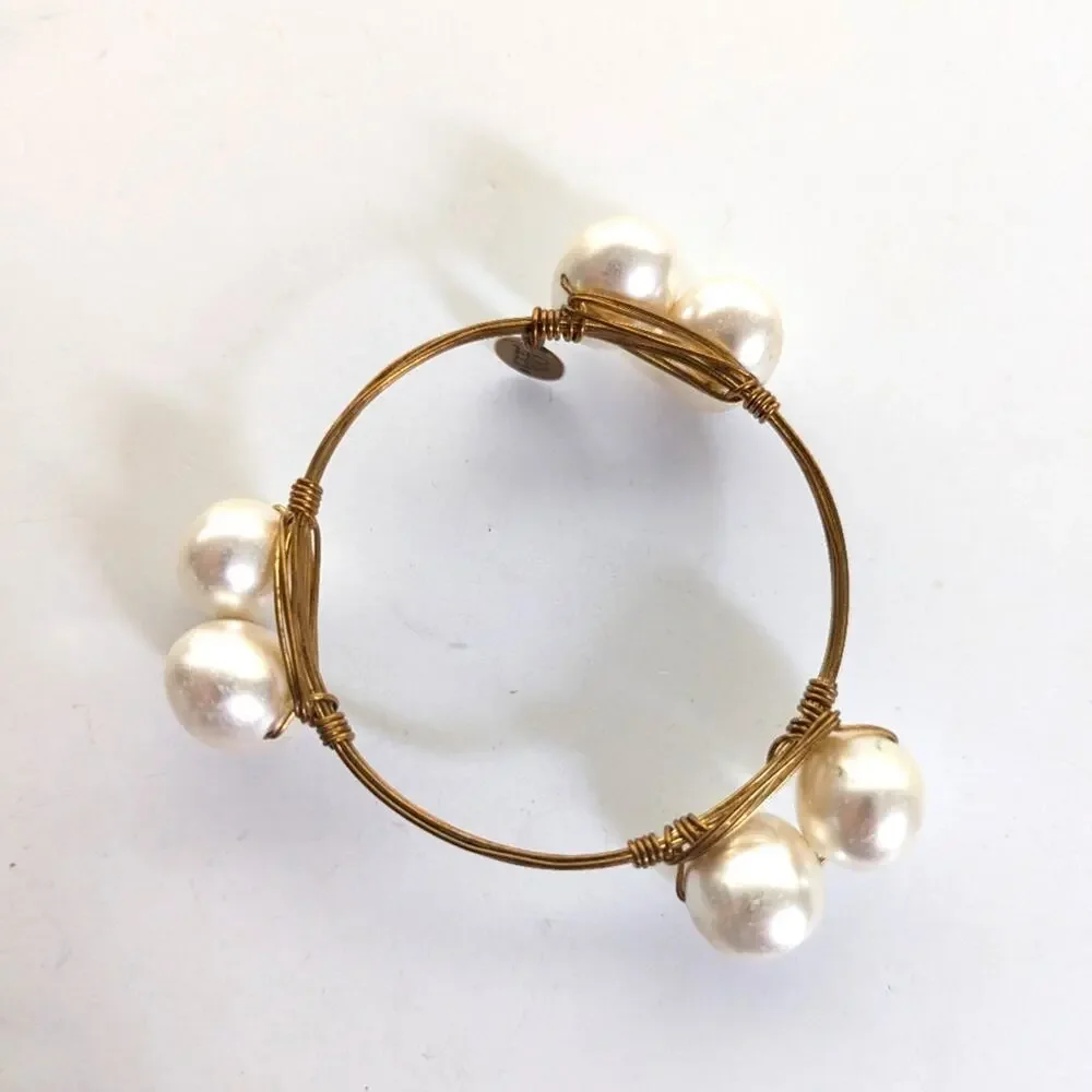 Bourbon and Bowties Boho Large Faux Pearl Gold Tone Wire Wrapped Bangle Bracelet